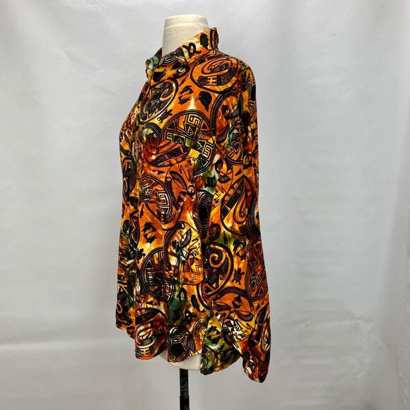 Vintage 90s Y2K Woman Blouse Medium Button Up Orange Boho Peasant Tribal Novelty - Picture 8 of 16